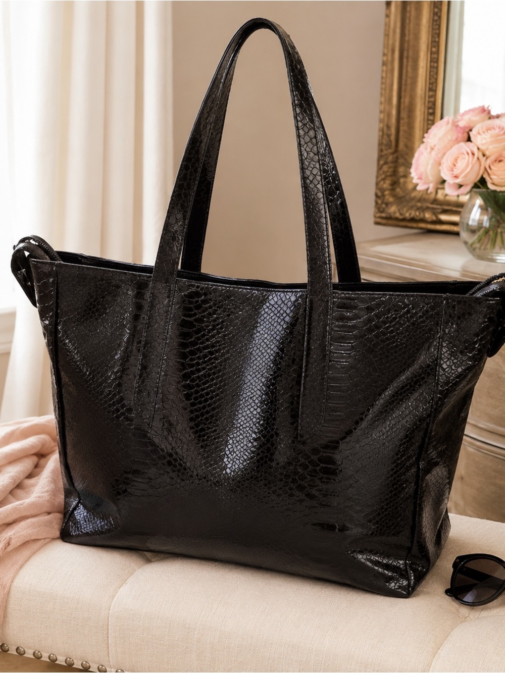 Jessica Simpson Fancy Black Faux Snakeskin Patent Tote Bag NWT GWP
